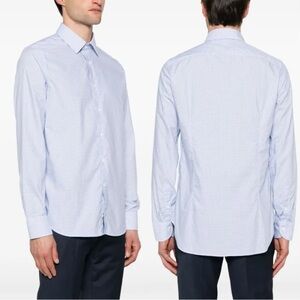 Canali Pinstriped Cotton Button Down Shirt Poplin Longsleeve Blue White 41-16